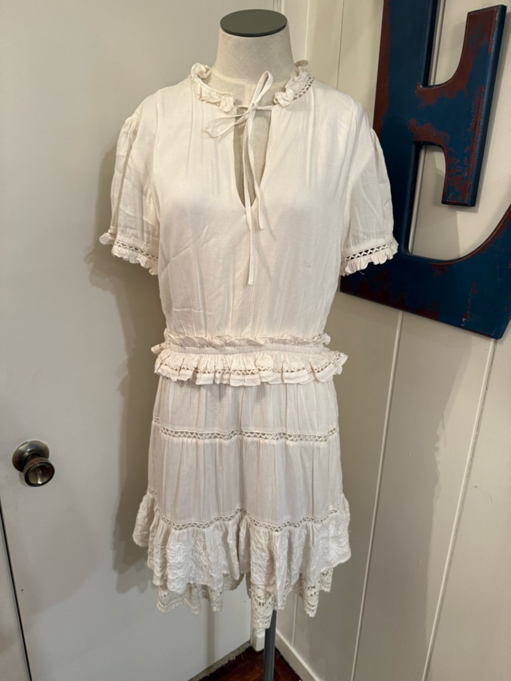 Tularosa Ivory Ruffled Lace Mini Dress from Revolve Sz M